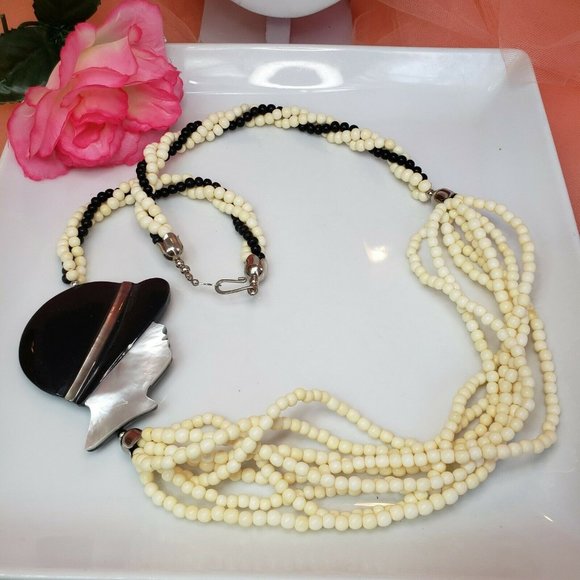 Mother of Pearl & Bone Bead Statement Necklace Black White Multi Strand Necklace - Picture 6 of 12